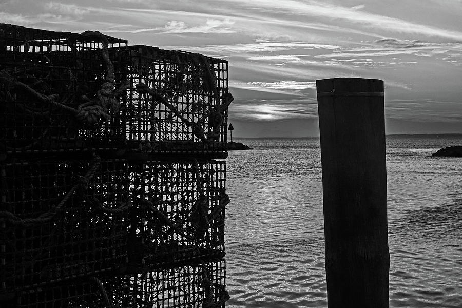 Menemsha Sunset Lobster Traps Chilmark MA Marthas Vineyard New England Black and White Photograph by Toby McGuire