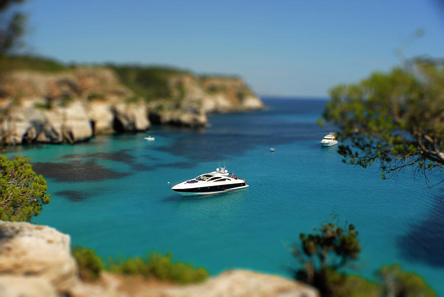 Menorca, island, Spain, photo effect miniature yacht Photograph by Severija Kirilovaite