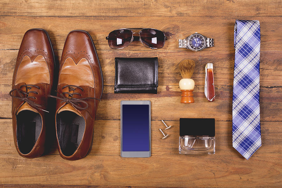Mens accessories organized on table in knolling arrangement Photograph by Fstop123