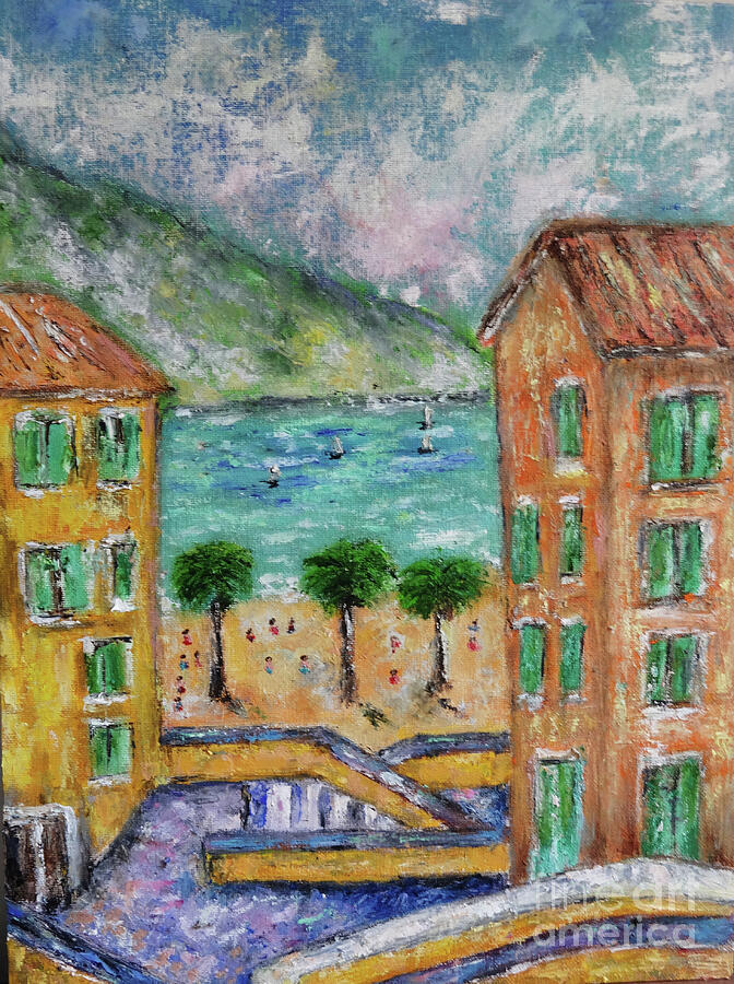 Boat Painting - Menton on French Riviera Oil Painting by Indrani Ghosh