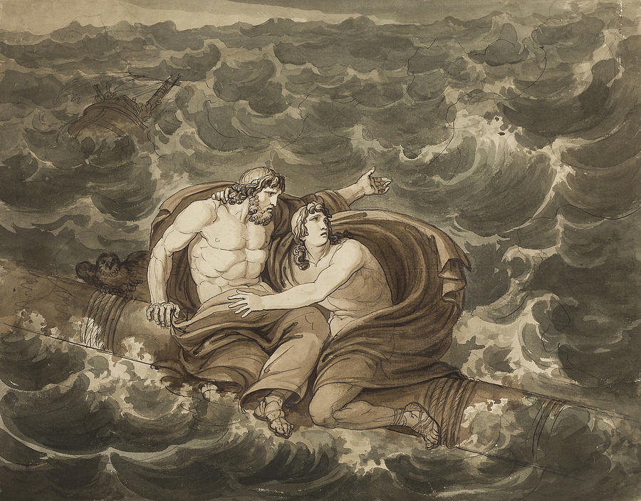 Mentor and Telemachus, Having Survived the Storm, Are Spirited to the Island of Calypso on a Mast Drawing by Bartolomeo Pinelli