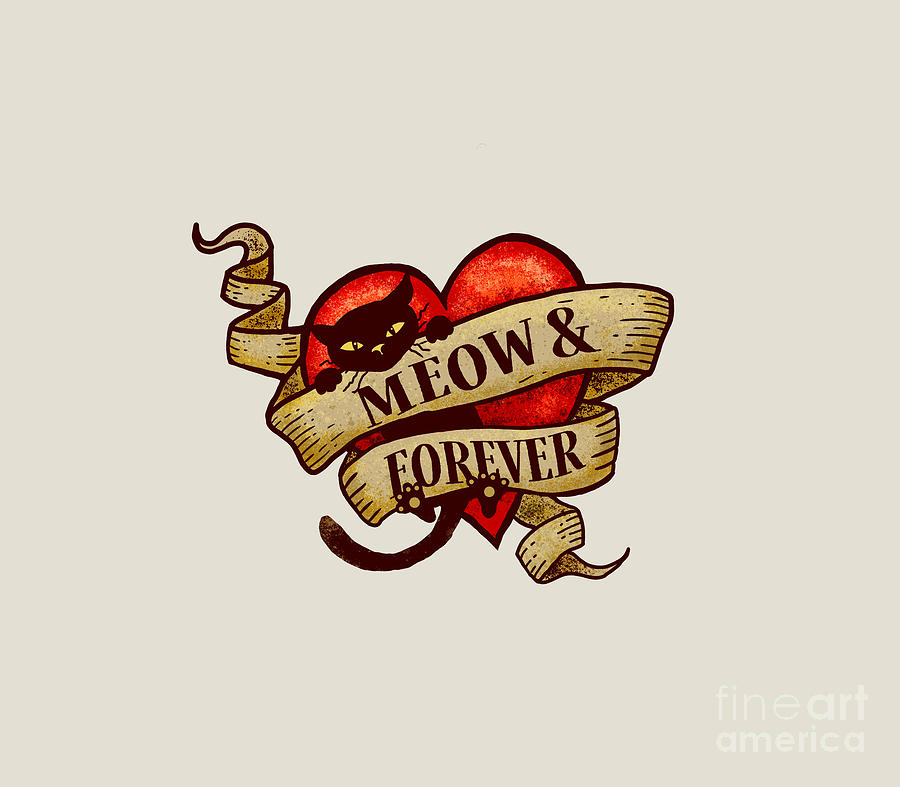 Meow and Forever Cat Heart Tattoo Digital Art by Laura Ostrowski