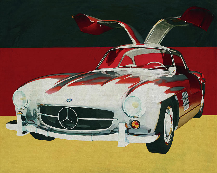 Mercedes 300SL Gullwings from 1965 in front of German flag Painting by Jan Keteleer