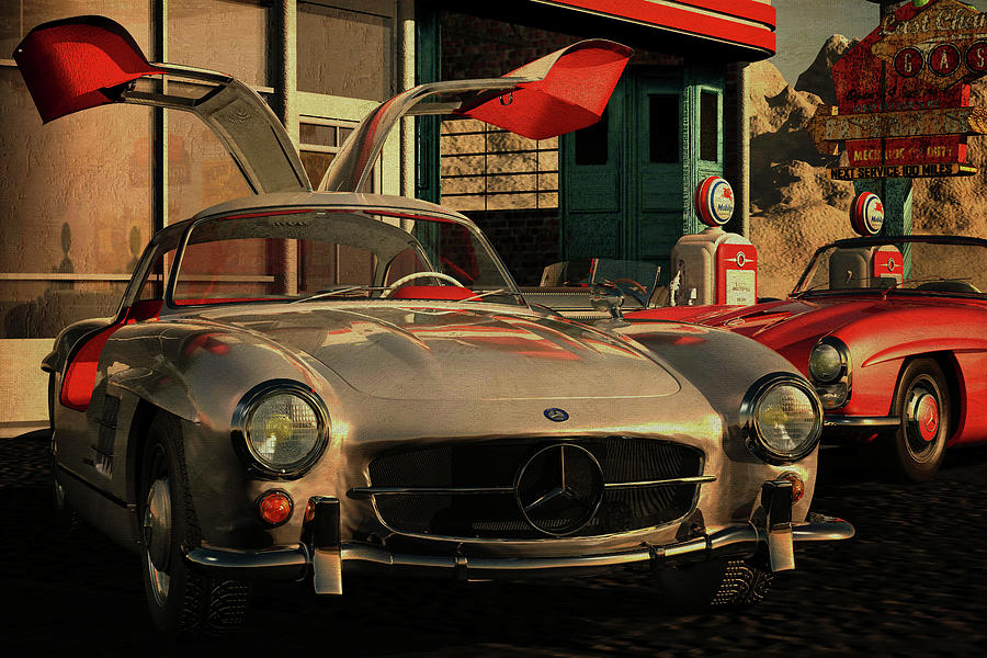Mercedes 300SL with open Gull wings at a vintage gas station Digital Art by Jan Keteleer