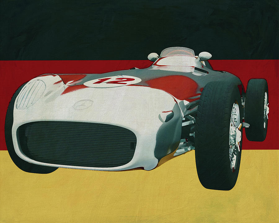 Mercedes W196 Silver Arrow from 1956 in front of German flag Painting by Jan Keteleer