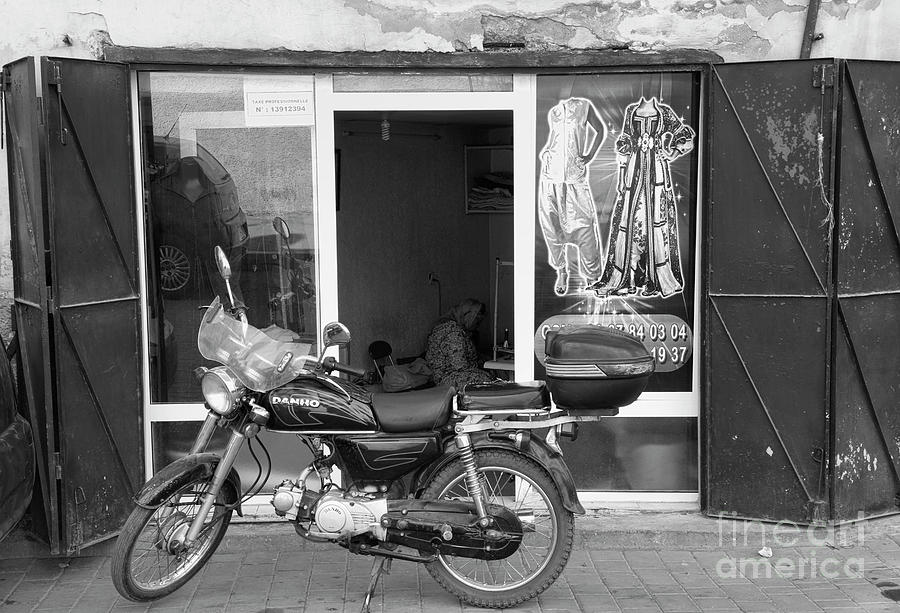 Merchant Motocycle Morocco Black White  Photograph by Chuck Kuhn