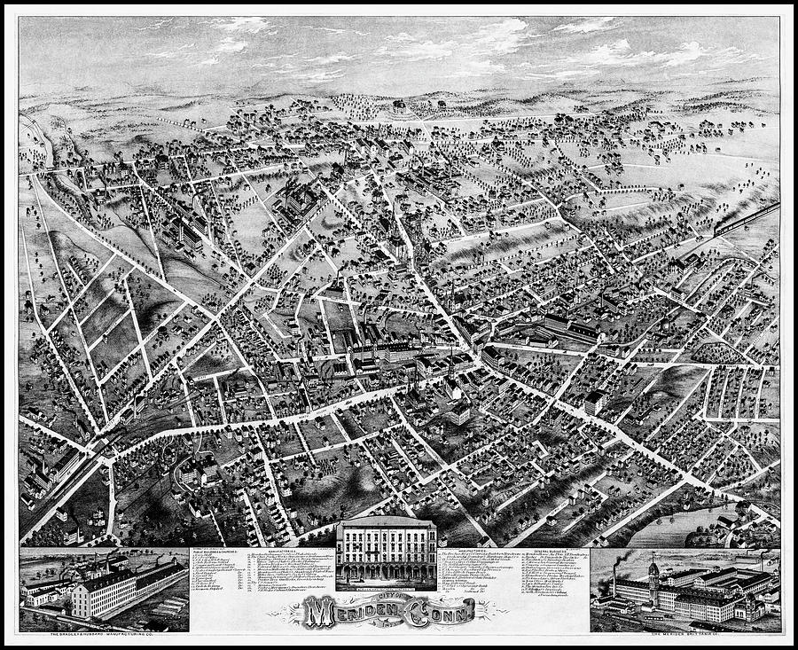 Vintage Photograph - Meriden Connecticut Vintage Map Birds Eye View 1875 Black and White by Carol Japp