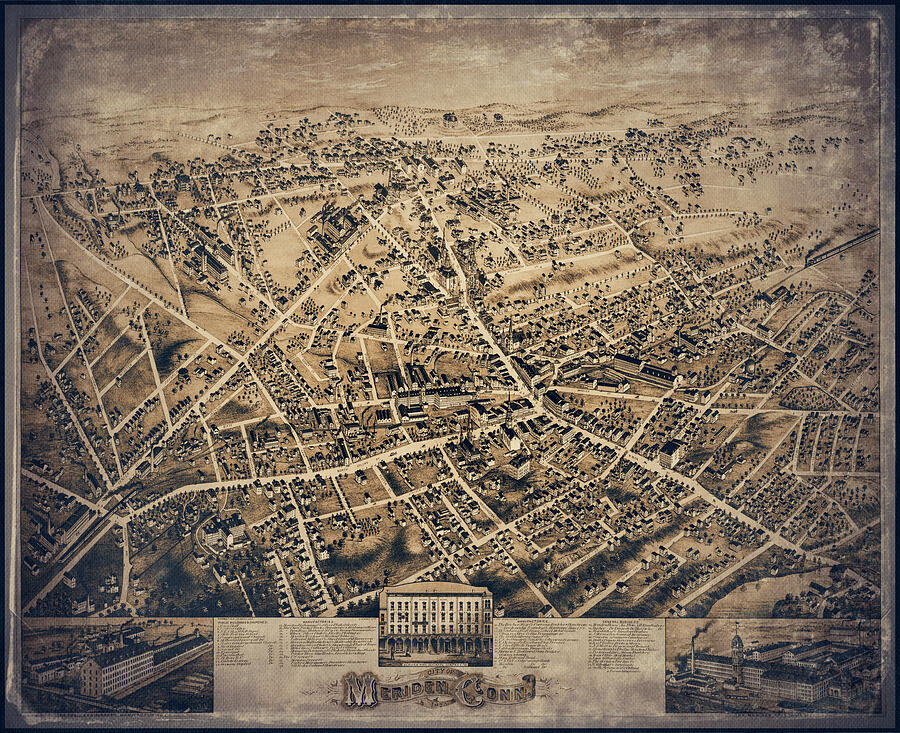 Meriden Connecticut Vintage Map Birds Eye View 1875 Sepia Photograph by ...