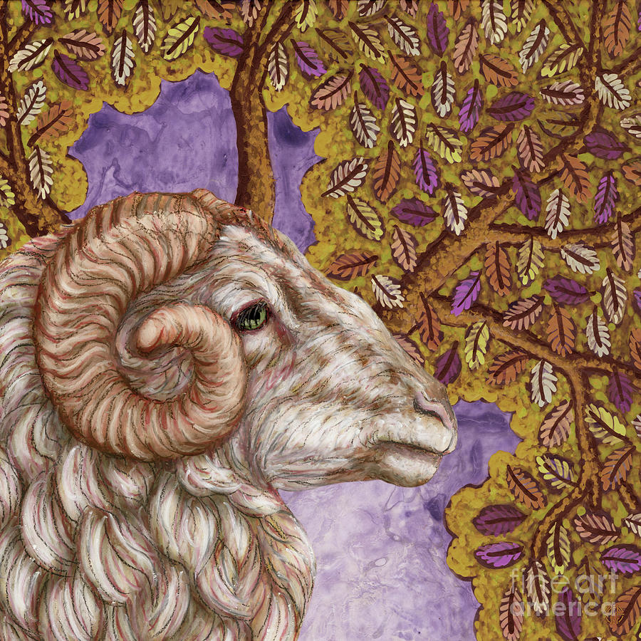 Merino Ram Treescape Painting by Amy E Fraser