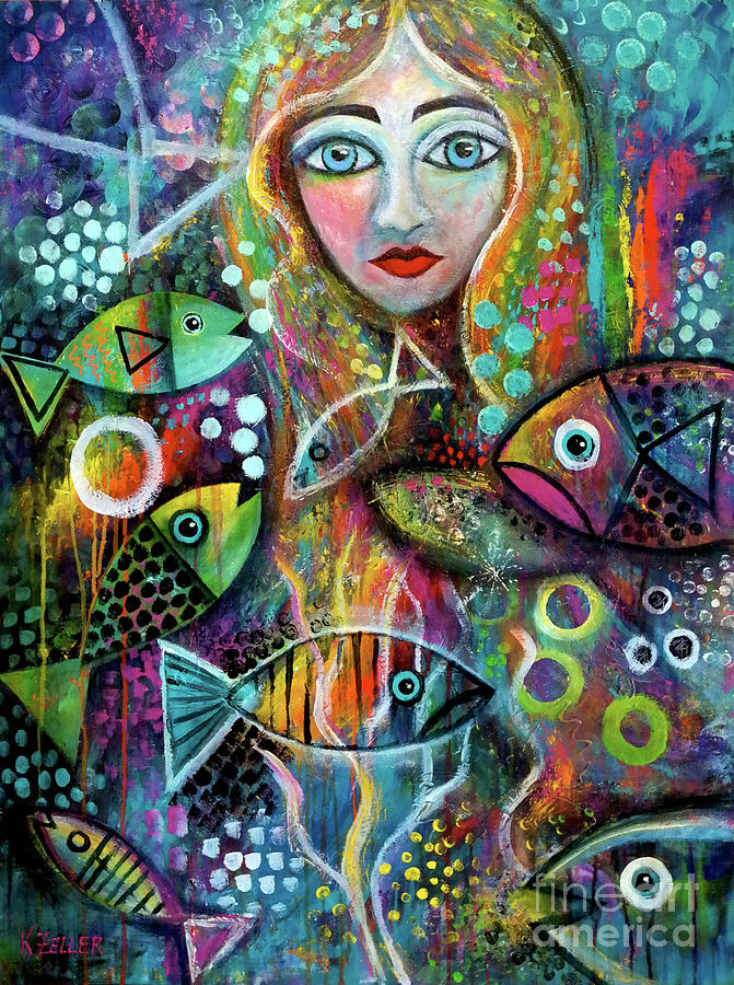 Mermaid and Fish Painting by Karin Zeller