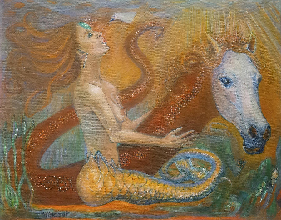 Mermaid Communing with Spirit Bird Painting by Irene Vincent