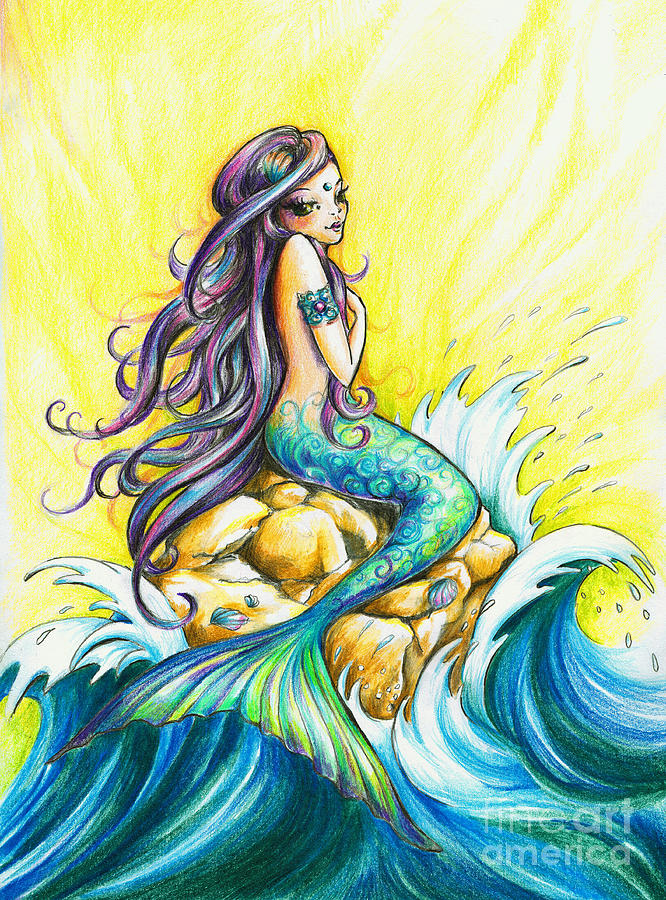 Mermaid on rock in sea Fantasy art Drawing by Daniel Jones Pixels