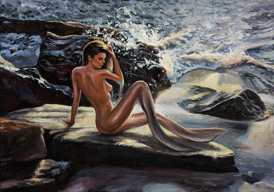 Mermaid Painting - Mermaid on the rocks by Marco Busoni