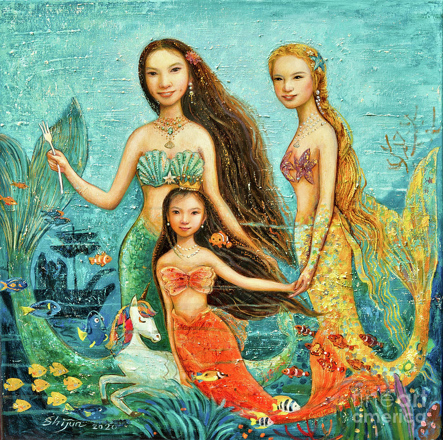 Mermaid Sisters Painting by Shijun Munns