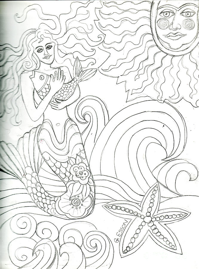 Mermaid With Fish Drawing by Genevieve Esson