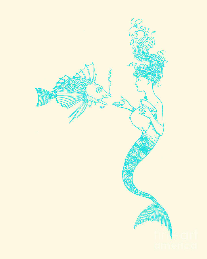 Mermaid Digital Art - Mermaid With Fish Line Art by Madame Memento
