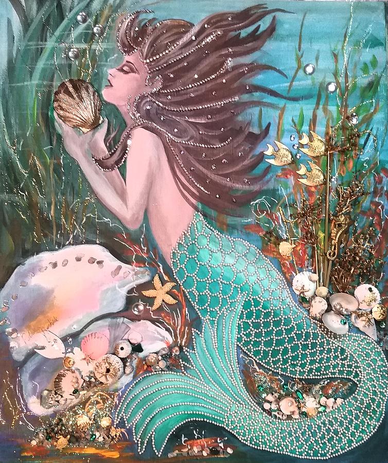 Mermaid with gold shell Mixed Media by Patricia Rachidi