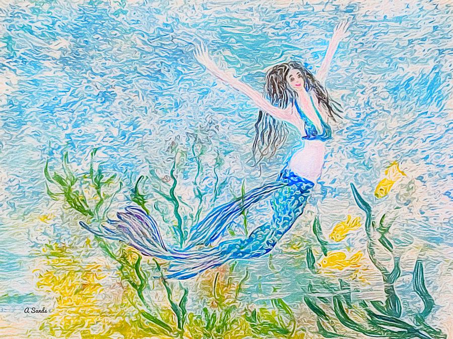 Mermaid with Raven Hair Digital Art by Anne Sands