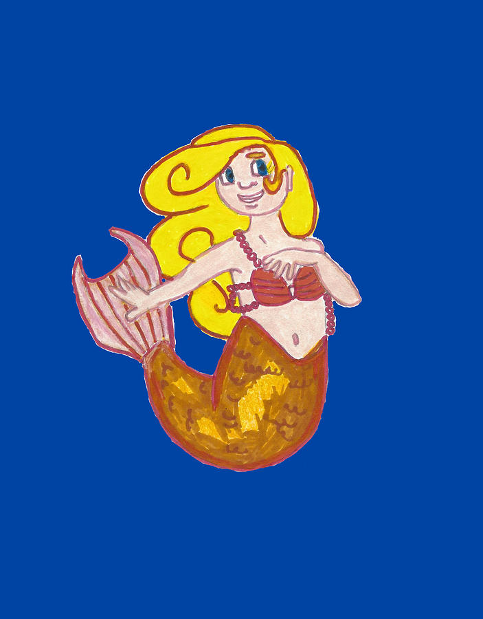 Mermaid with Yellow Hair, a Golden Tail, and Pink Bikini Top with Pearls Drawing by Ali Baucom