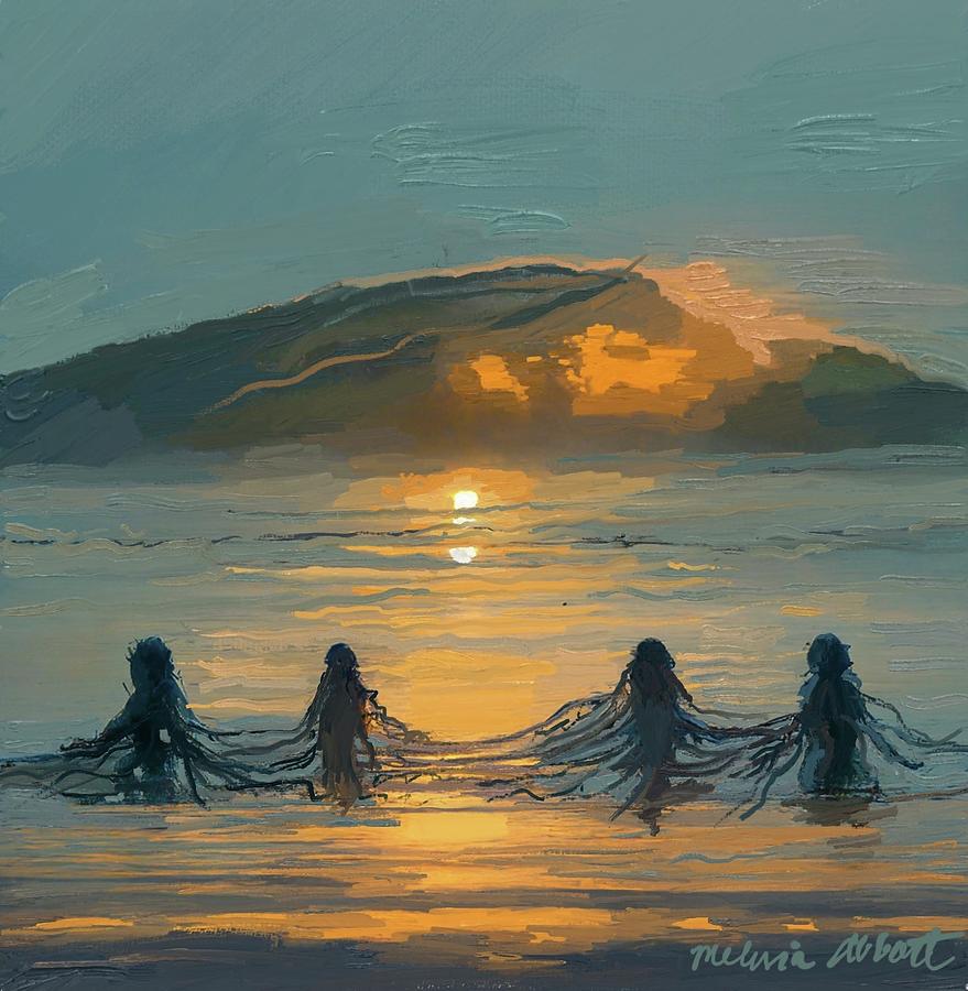 Mermaids with Mystic Island at Sunrise Painting by Melissa Abbott