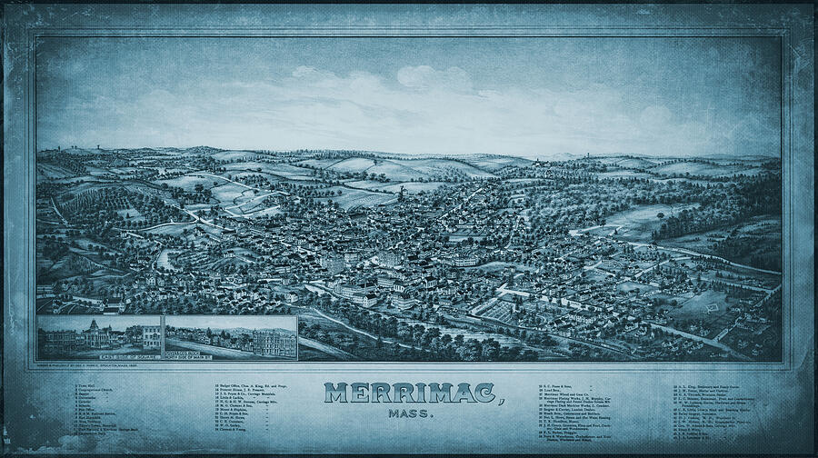 Merrimac Massachusetts Vintage Map Birds Eye View 1889 Blue Photograph ...