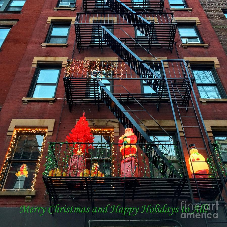 Merry Christmas and Happy Holidays - Holiday Card - Santa on Fire Escape Photograph by Miriam Danar