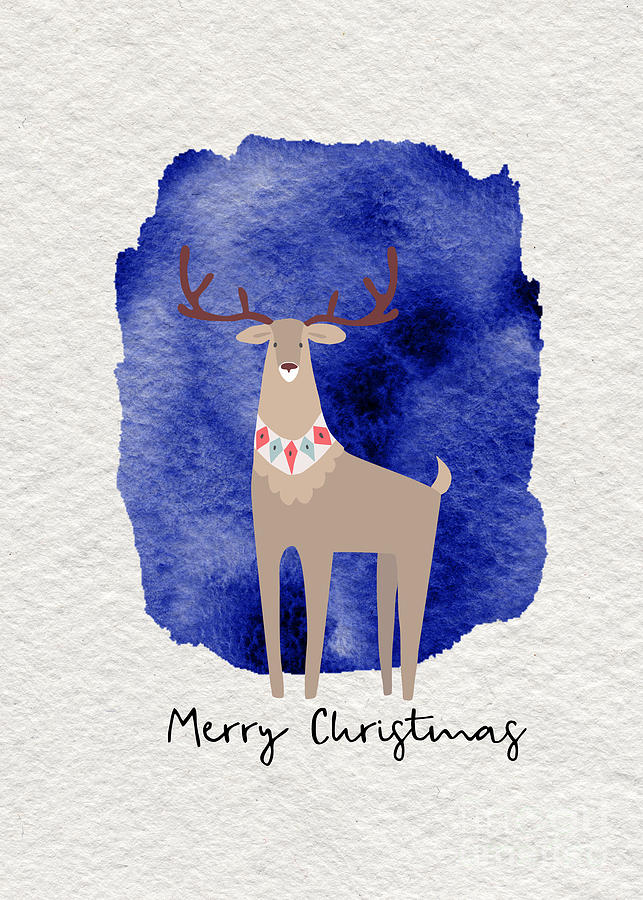 Merry Christmas Blue Watercolor Deer Painting by Modern Art