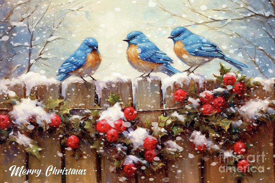Merry Christmas Bluebirds Painting by Tina LeCour
