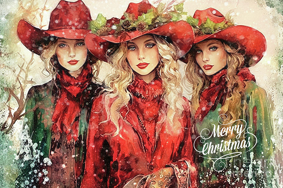 Merry Christmas Cowgirls Painting by Tina LeCour