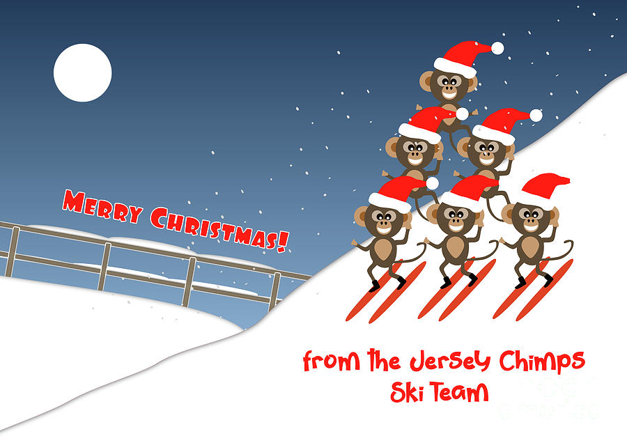 Merry Christmas from the Jersey Chimps Ski Team in Santa Hats Digital Art by Barefoot Bodeez Art