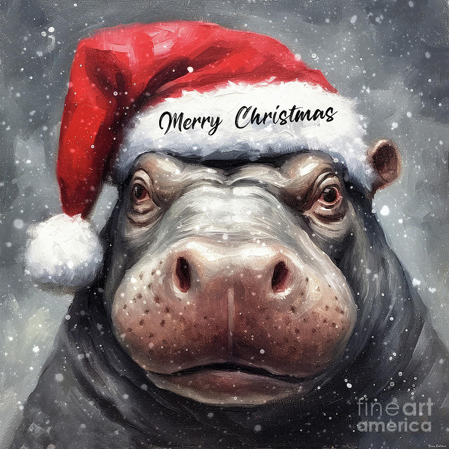 Merry Christmas Hippopotamus Painting by Tina LeCour