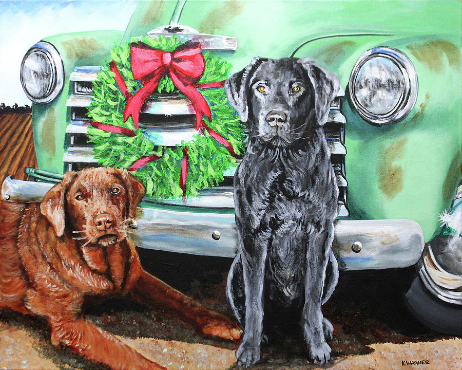 Merry Christmas Labrador Retrievers Painting by Karl Wagner