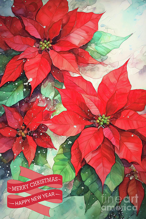 Merry Christmas Poinsettia Flowers Painting by Tina LeCour