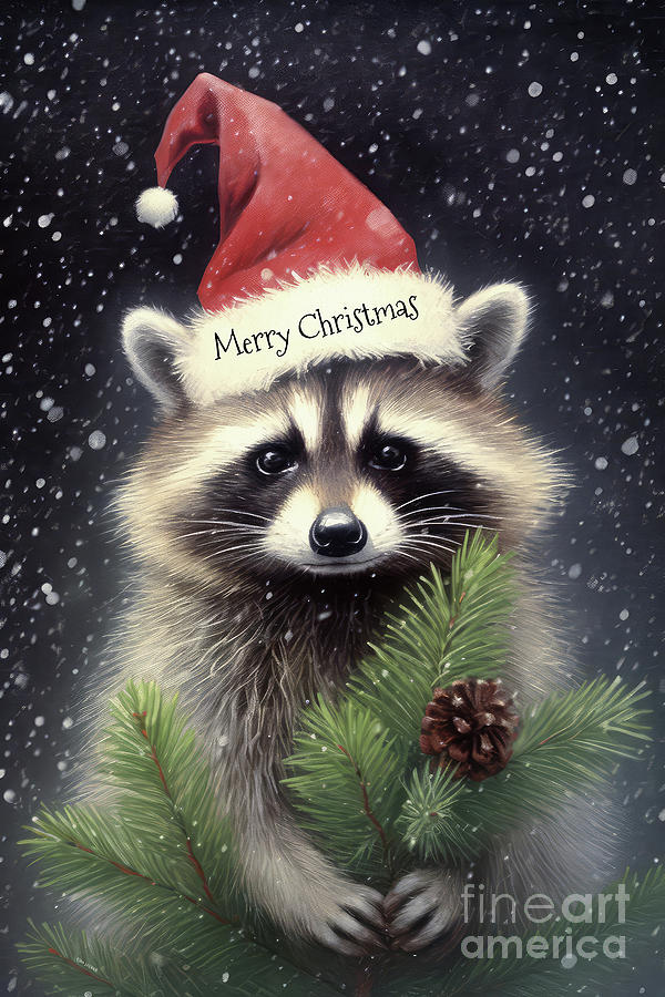 Merry Christmas Raccoon Painting by Tina LeCour