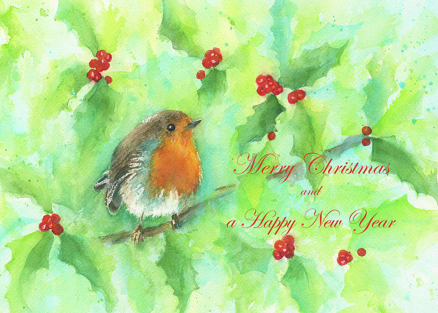 Merry Christmas Robin in a holly bush Painting by Karen Kaspar