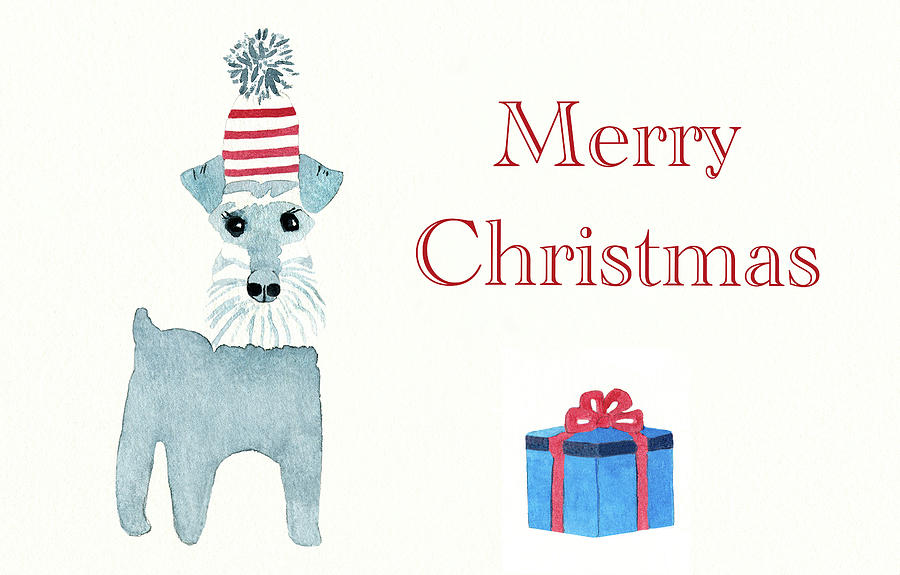 Merry Christmas Schnauzer Card and Art Print Painting by Deborah League