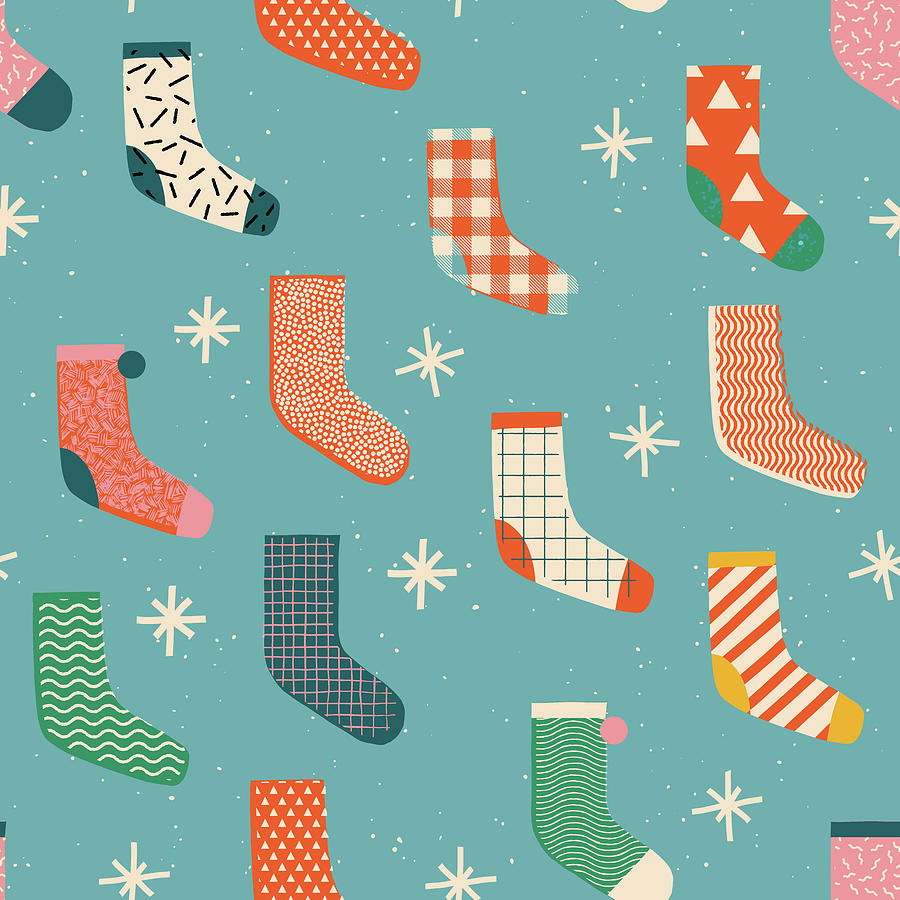 Merry Christmas Socks Pattern In Illustration. Drawing
