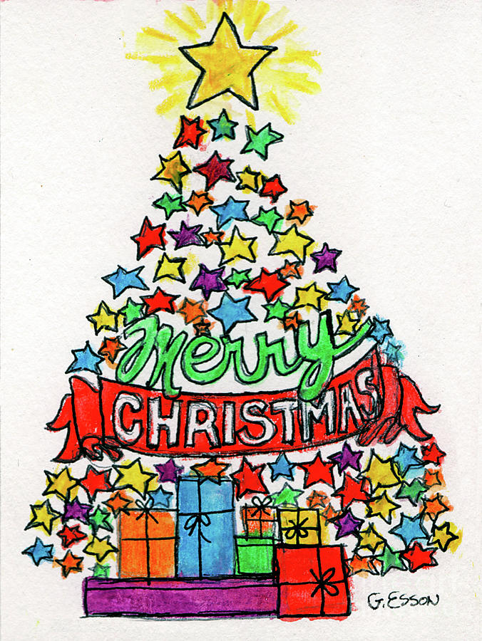 Merry Christmas Tree With Stars Painting by Genevieve Esson