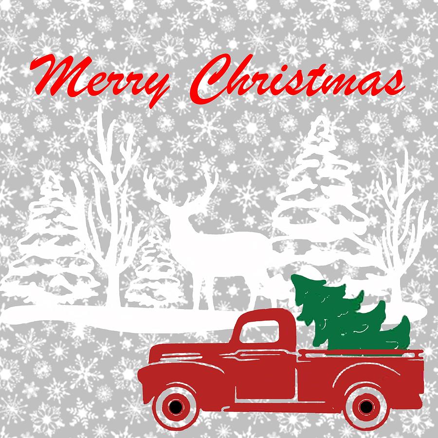 Merry Christmas Truck And Deer Digital Art
