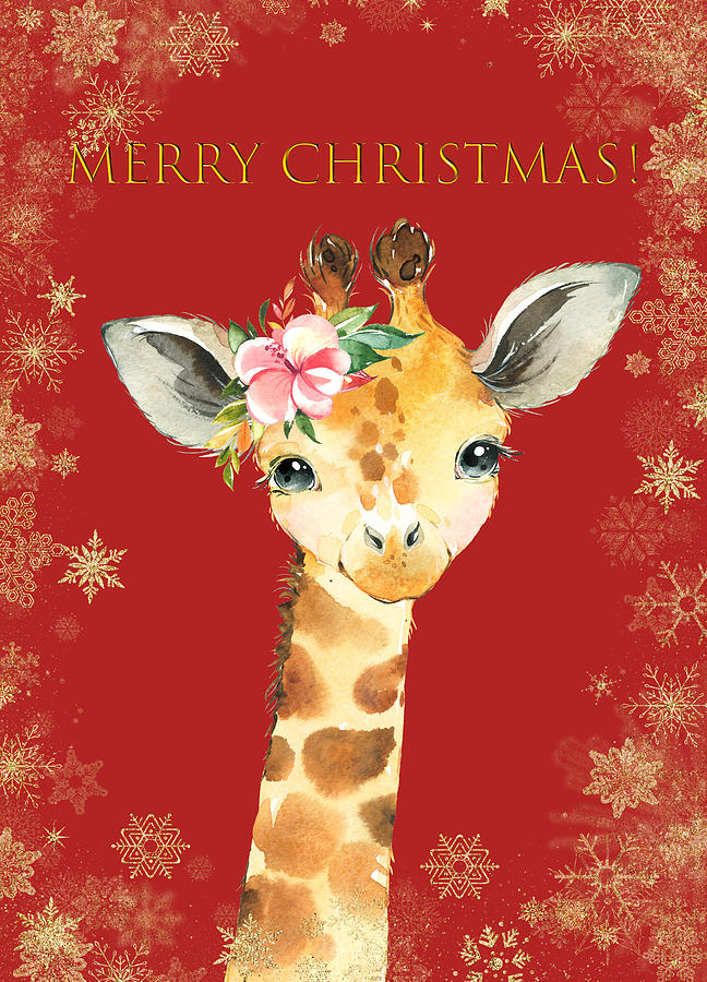 Merry Christmas With A Cute Giraffe Baby Mixed Media by Johanna Hurmerinta