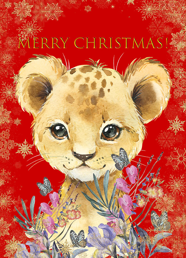 Merry Christmas With A Cute Lion Cub Mixed Media by Johanna Hurmerinta