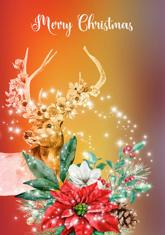 Merry Christmas With A Deer Stars And Flowers Mixed Media by Johanna Hurmerinta