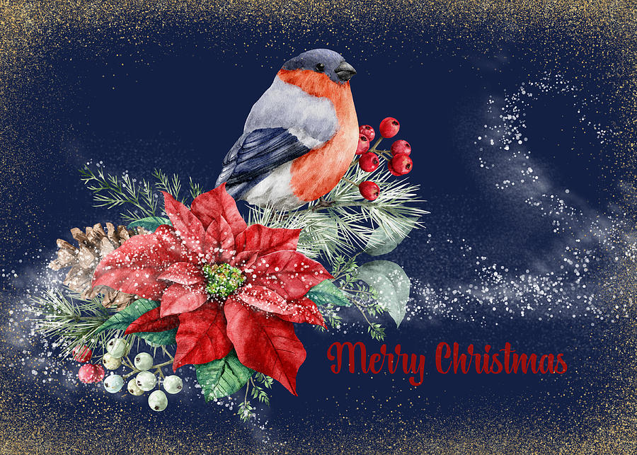 Merry Christmas With Poinsettia And Bullfinch Mixed Media by Johanna Hurmerinta