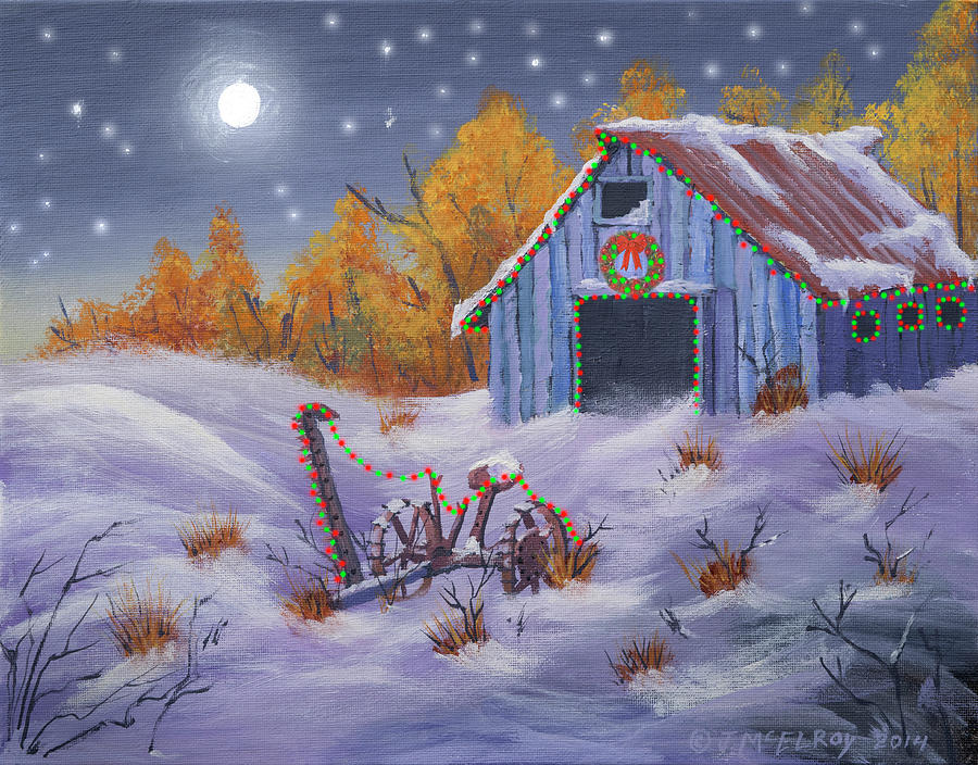 Merry Christmas You Old Barn and Farm Implement Painting by Jerry McElroy