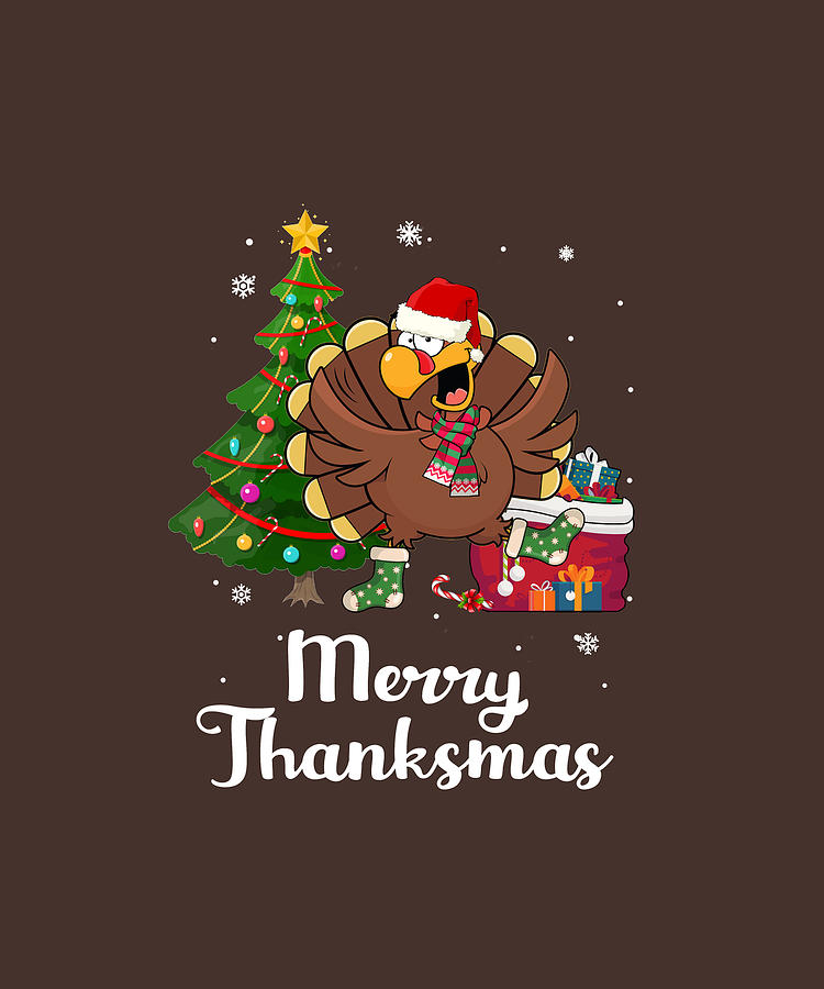 Merry Thanksmas Thanksgiving Christmas Turkey T-Shirt Digital Art by Felix.
