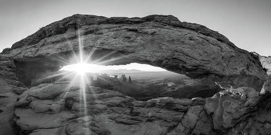 Black And White Photograph - Mesa Arch Sunrise Monochrome Panorama - Moab Utah USA  by Gregory Ballos