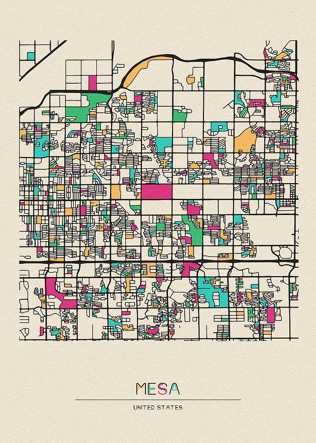 Mesa, Arizona City Map Drawing by Inspirowl Design | Pixels