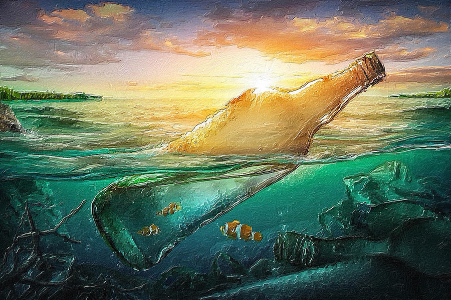 Message In A Bottle Beach Wave Ocean  Painting by Tony Rubino
