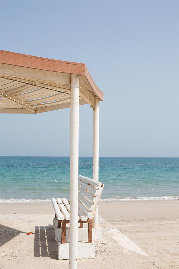 Metal gazebo with benches by the sea, Dibba, Oman Photograph by Alisonteale24