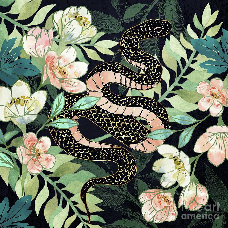 Snake Digital Art - Metallic Floral Snake by Spacefrog Designs